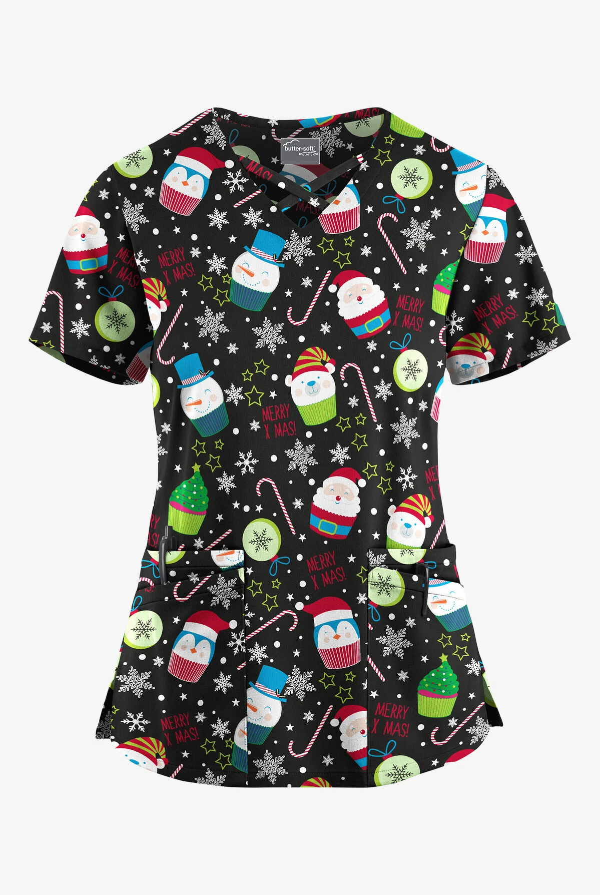 UA Butter-Soft STRETCH Christmas Treats Black Printed Women's 4-Pocket Crisscross Scrub Top 1 UA Butter-Soft STRETCH Christmas Treats Black Printed Women's 4-Pocket Crisscross Scrub Top
