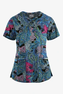 UA Butter-Soft STRETCH Layered Paisley Turquoise Women's 4-Pocket Crisscross Printed Scrub Top