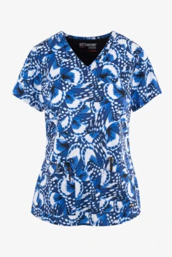 Grey's Anatomy Spandex Buttterfly Blues Women's 4-Pocket STRETCH V-Neck Print Scrub Top