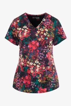 Grey's Anatomy Spandex Wild Garden Women's 4-Pocket STRETCH V-Neck Print Scrub Top