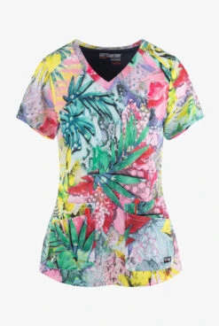 Grey's Anatomy Spandex Caribbean Magic Women's 4-Pocket STRETCH V-Neck Print Scrub Top
