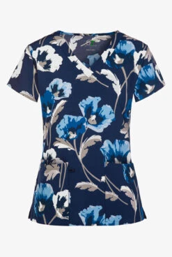 Green Town Blue Field Flowers Womens 3-Pocket STRETCH V-Neck Print Scrub Top
