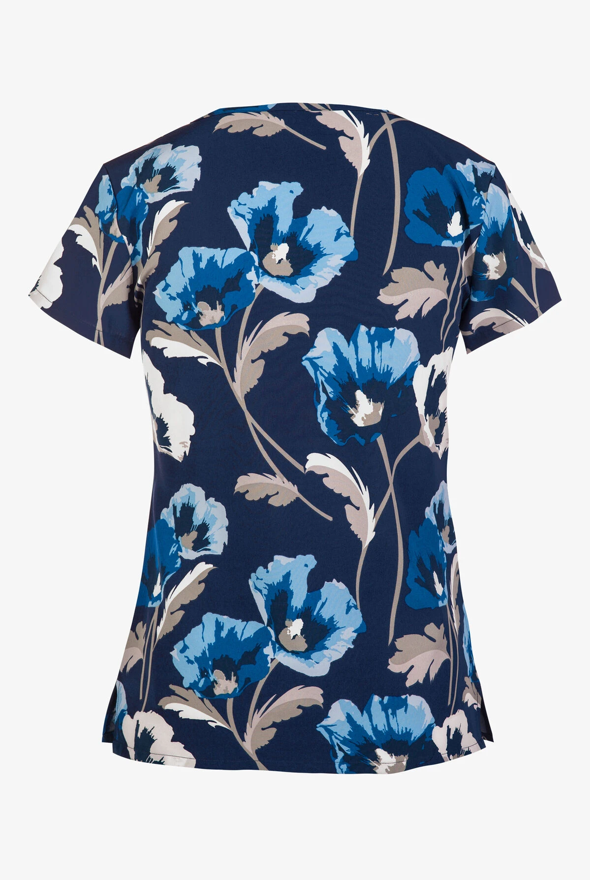Green Town Blue Field Flowers Womens 3-Pocket STRETCH V-Neck Print Scrub Top 2 Green Town Blue Field Flowers Womens 3-Pocket STRETCH V-Neck Print Scrub Top - Image 2