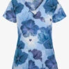 Green Town Blue Lined Floral Women's 3-Pocket STRETCH V-Neck Print Scrub Top