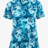 Green Town Blue Tie Dye Stars And Hearts Women's 3-Pocket STRETCH V-Neck Print Scrub Top