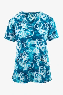 Green Town Blue Tie Dye Stars And Hearts Women's 3-Pocket STRETCH V-Neck Print Scrub Top