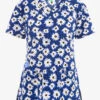 Green Town Daisy Blue Floral Women's 3-Pocket STRETCH V-Neck Print Scrub Top