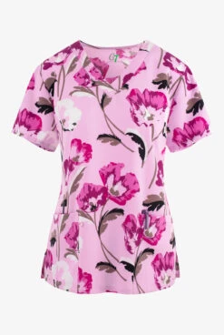 Green Town Field Flowers Women's 3-Pocket STRETCH V-Neck Print Scrub Top