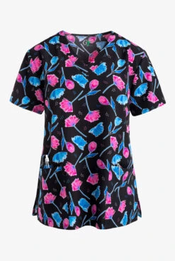 Green Town Forever Tulips Floral Women's 3-Pocket STRETCH V-Neck Print Scrub Top