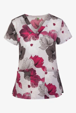 Green Town Pink Lined Floral V-Neck Print Scrub Top