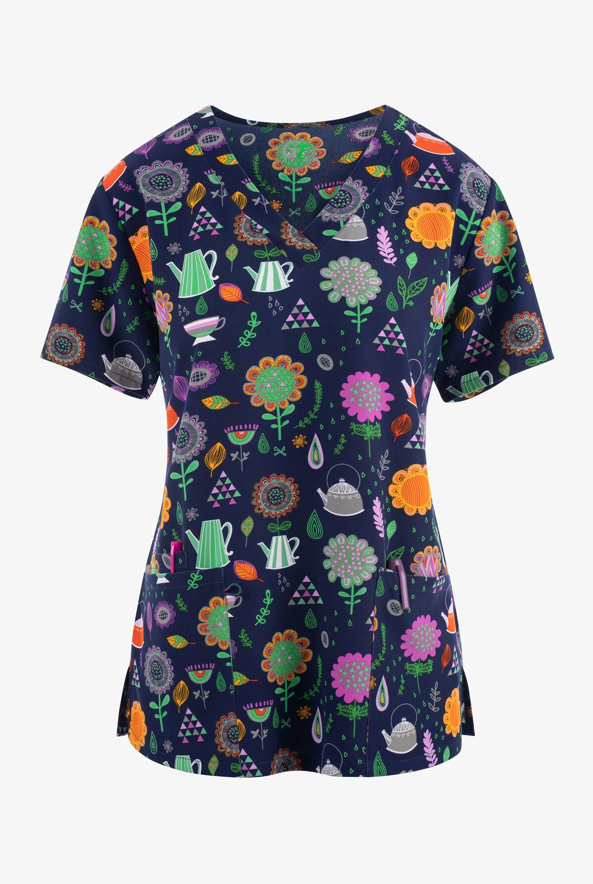 Green Town Rustic Tea Party Floral Women's 3-Pocket STRETCH V-Neck Print Scrub Top 1 Green Town Rustic Tea Party Floral Women's 3-Pocket STRETCH V-Neck Print Scrub Top