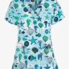 Green Town Seahorse Shellfish Women's 3-Pocket STRETCH V-Neck Print Scrub Top