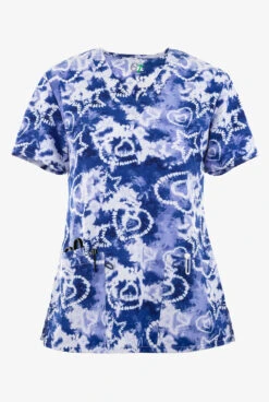 Green Town Tie Dye Stars And Hearts Women's 3-Pocket STRETCH V-Neck Print Scrub Top