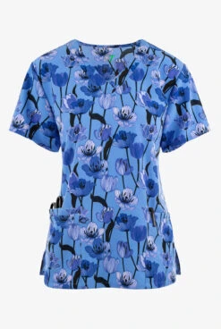 Green Town Tulips Floral Women's 3-Pocket STRETCH V-Neck Print Scrub Top