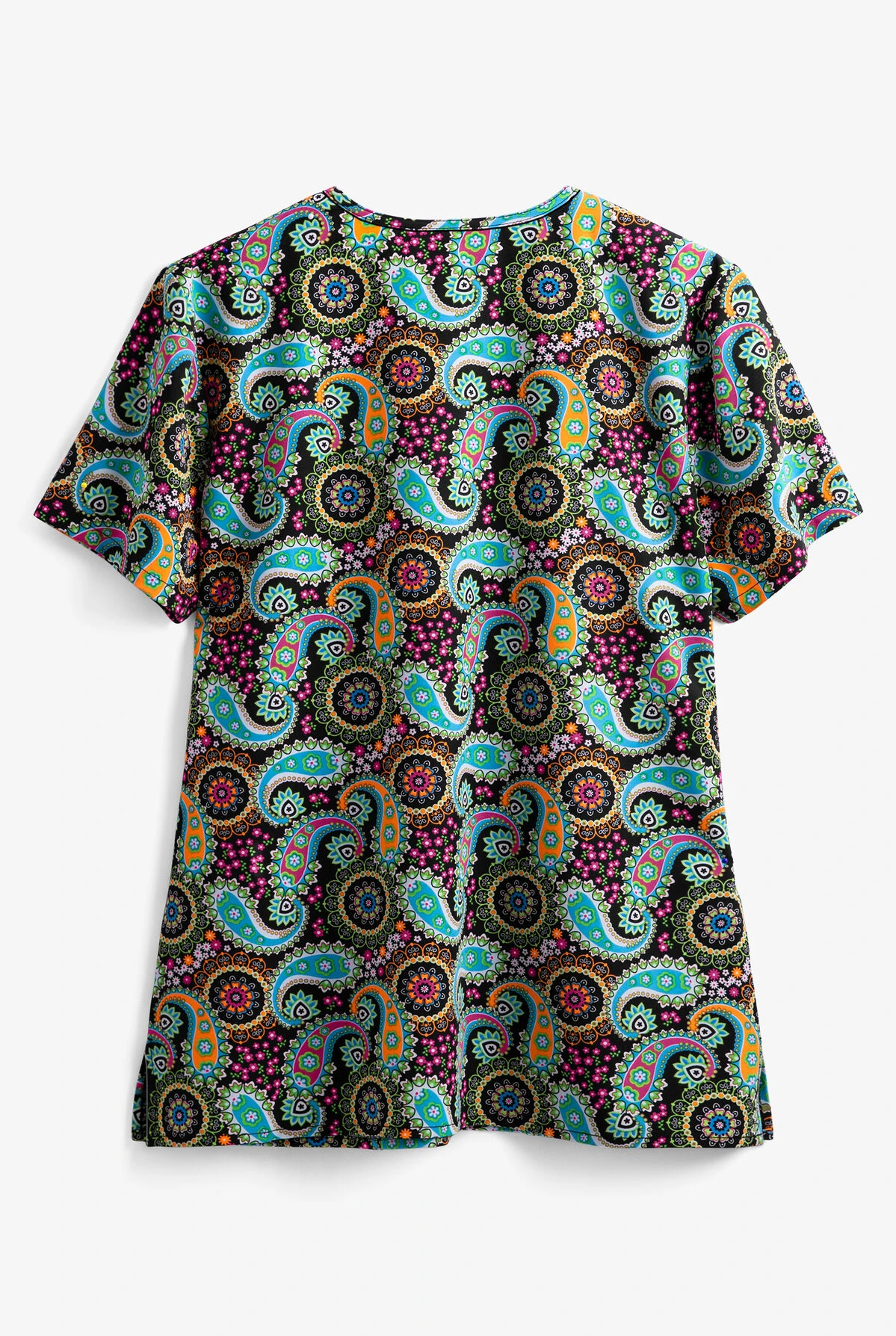Green Town Ethnic Paisley Women's 3-Pocket Mock Wrap Print Scrub Top 2 Green Town Ethnic Paisley Women's 3-Pocket Mock Wrap Print Scrub Top - Image 2