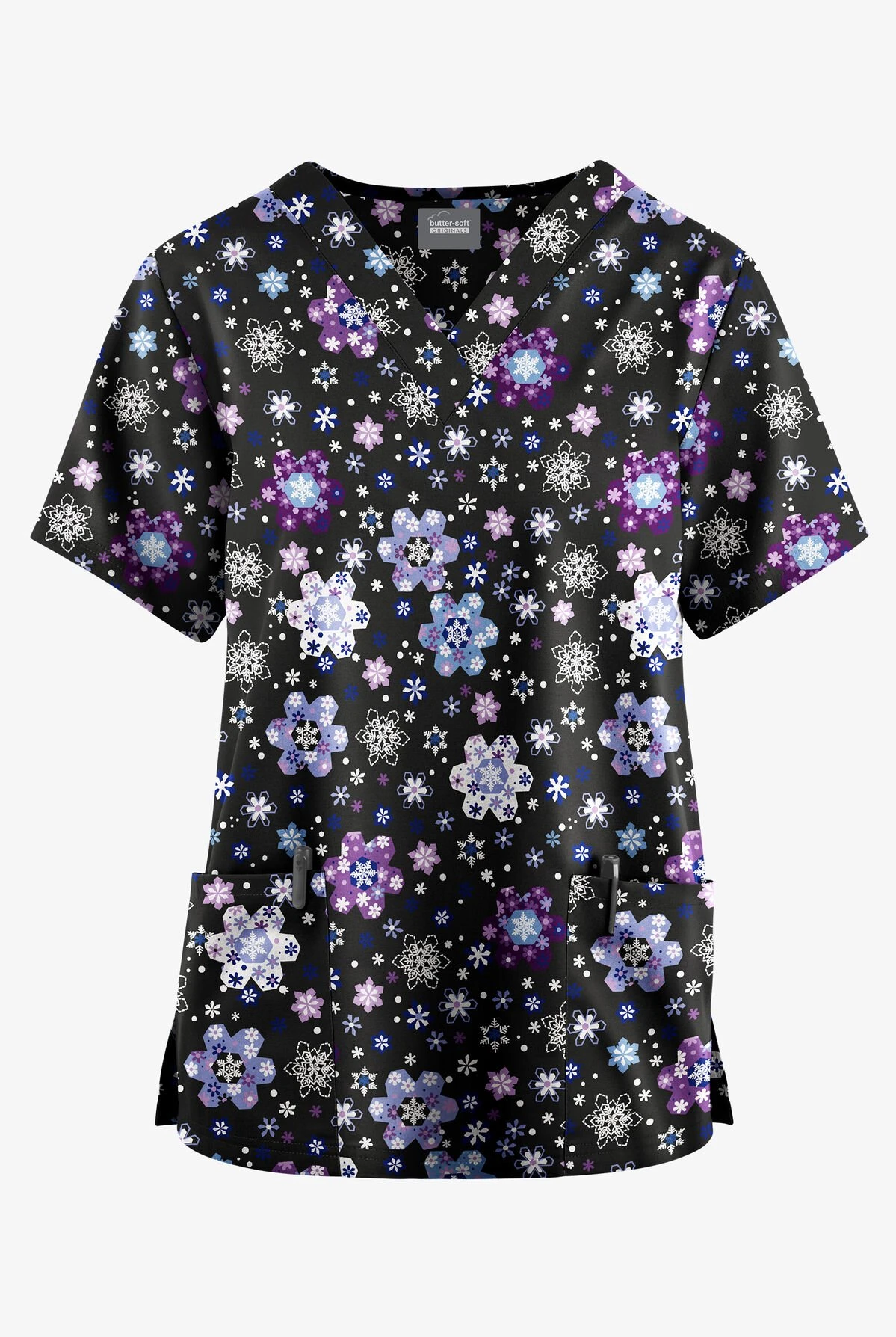 Butter-Soft Originals Winter Nights Black Printed Women's 2-Pocket Classic Fit V-Neck Scrub Top 1 Butter-Soft Originals Winter Nights Black Printed Women's 2-Pocket Classic Fit V-Neck Scrub Top