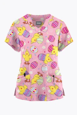 Butter-Soft Originals Easter Morning Blush Women's 6-Pocket Scallop Neck Printed Scrub Top