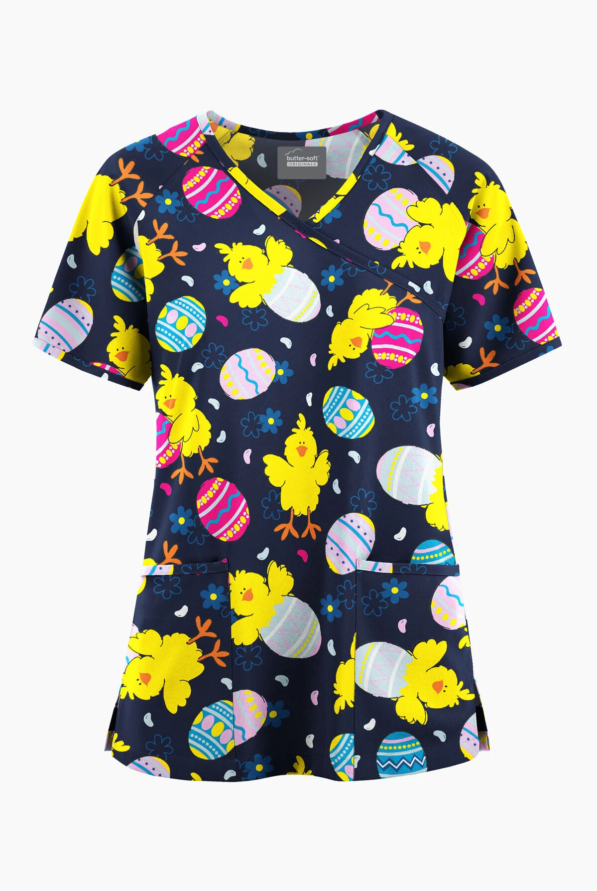 Butter-Soft Originals Easter Morning Navy Women's 3-Pocket Mock Wrap Raglan Sleeve Printed Scrub Top 1 Butter-Soft Originals Easter Morning Navy Women's 3-Pocket Mock Wrap Raglan Sleeve Printed Scrub Top