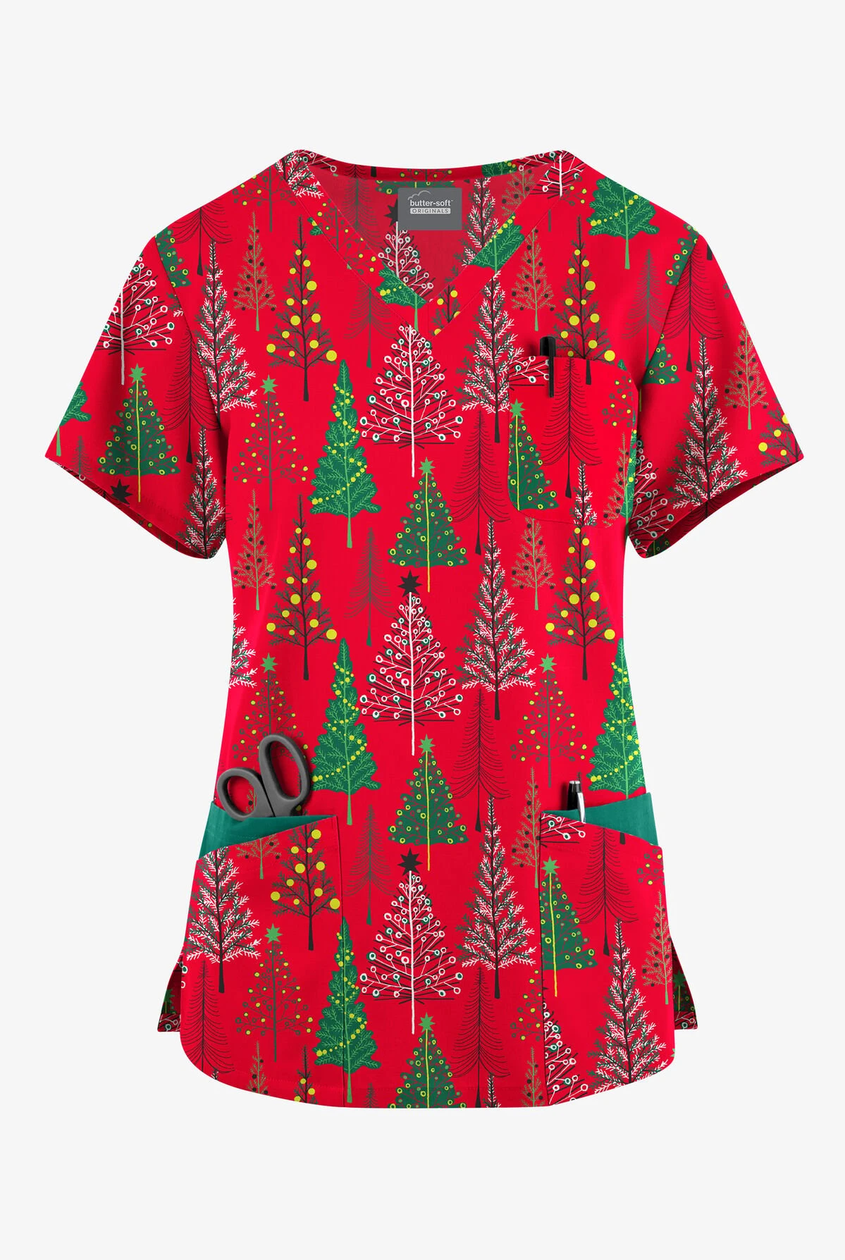 Butter-Soft Originals Holiday Frost Real Red Women's 7-Pocket Rounded V-Neck Printed Scrub Top 1 Butter-Soft Originals Holiday Frost Real Red Women's 7-Pocket Rounded V-Neck Printed Scrub Top