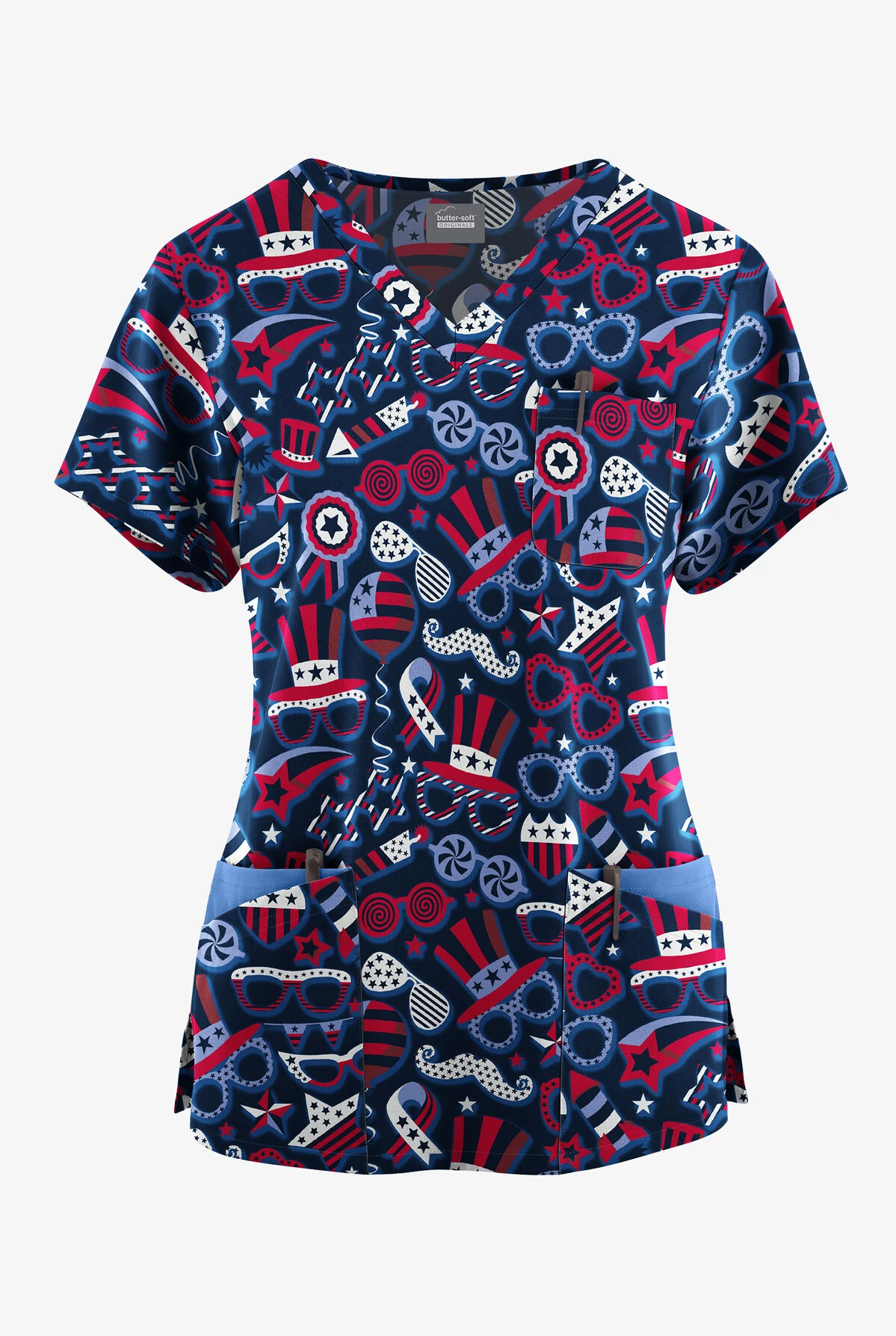 Butter-Soft Originals Stars & Stripes Navy Women's 7-Pocket Curved V-Neck Printed Scrub Top 1 Butter-Soft Originals Stars & Stripes Navy Women's 7-Pocket Curved V-Neck Printed Scrub Top