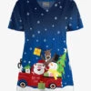 Butter-Soft Santa's Truck Royal Women's 2-Pocket Scallop Neck Print Scrub Top