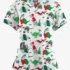 Butter-Soft Originals Santa Saurus White Printed Women's 4-Pocket Rounded V-Neck Scrub Top