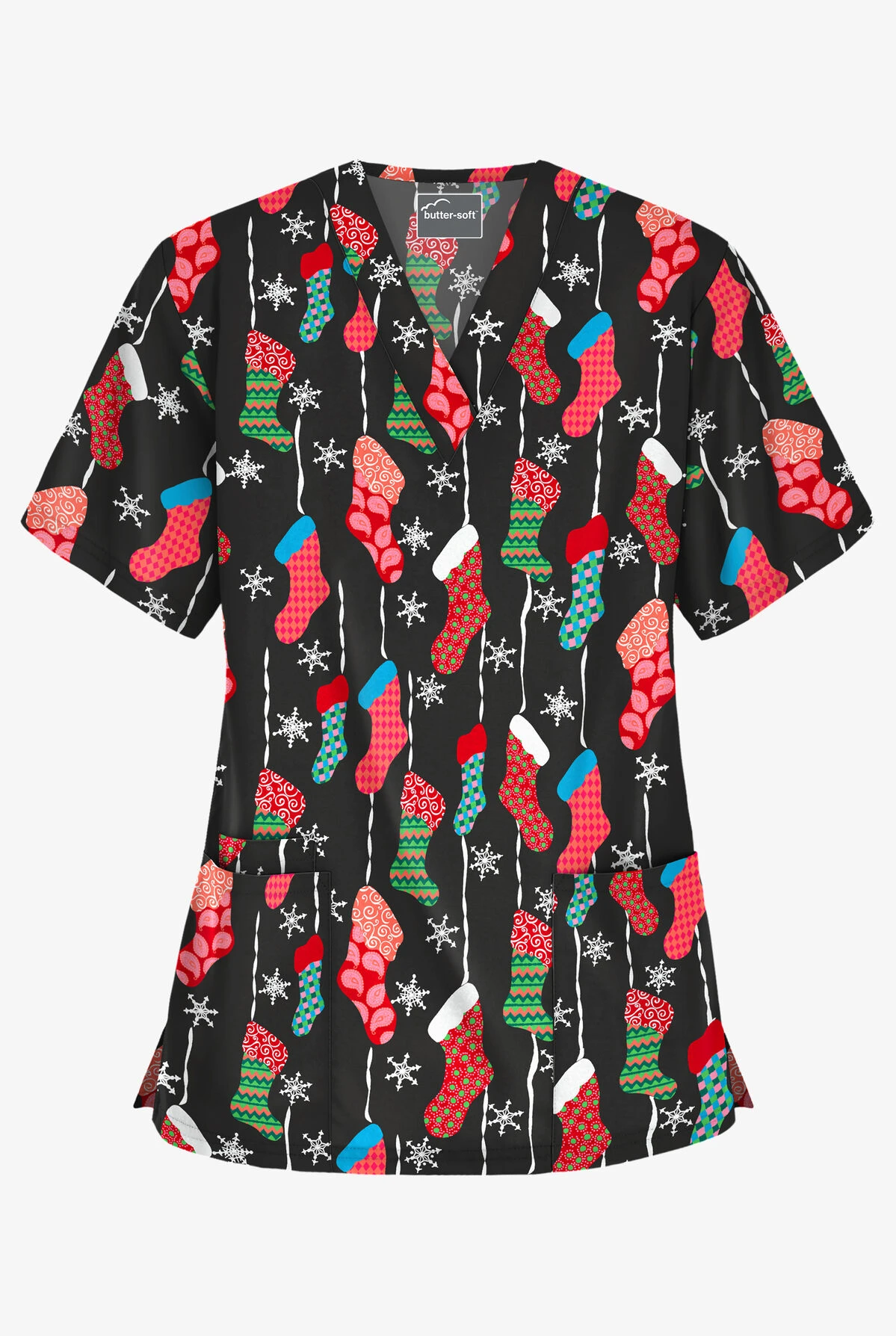 Butter-Soft Waiting For Santa Women's 3-Pocket V-Neck Print Scrub Top 1 Butter-Soft Waiting For Santa Women's 3-Pocket V-Neck Print Scrub Top