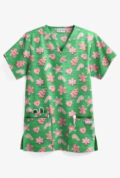 UA Gingerbread Cookies Gecko Women's 3-Pocket V-Neck Print Scrub Top