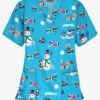 Butter-Soft Holiday Fun Turquoise Women's 3-Pocket V-Neck Print Scrub Top