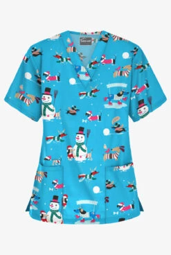 Butter-Soft Holiday Fun Turquoise Women's 3-Pocket V-Neck Print Scrub Top