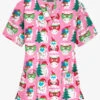Butter-Soft Happy Monsters Pink Women's 3-Pocket V-Neck Print Scrub Top