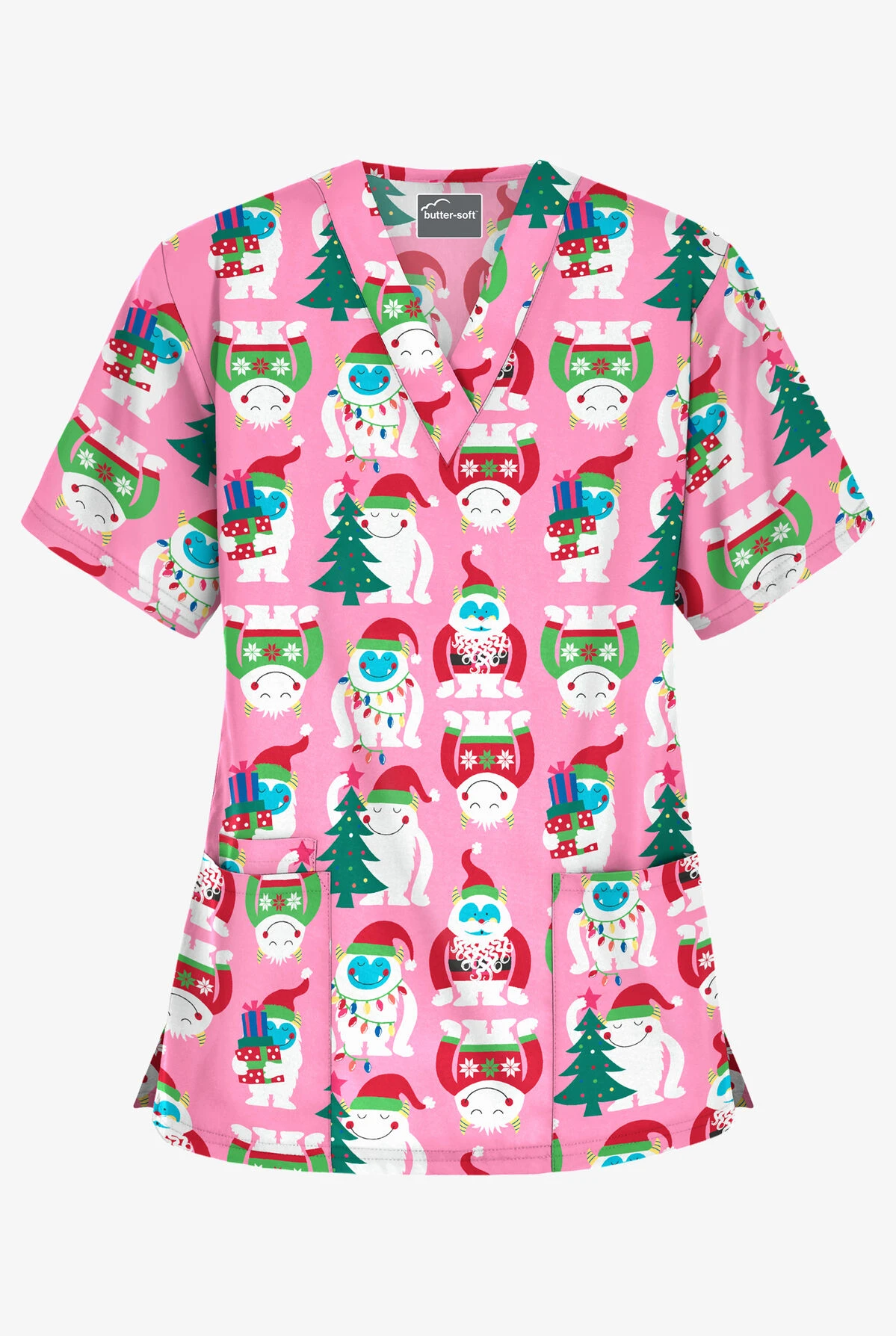 Butter-Soft Happy Monsters Pink Women's 3-Pocket V-Neck Print Scrub Top 1 Butter-Soft Happy Monsters Pink Women's 3-Pocket V-Neck Print Scrub Top