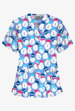 Butter-Soft Snowman Party Ceil Women's 3-Pocket V-Neck Print Scrub Top