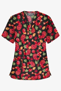 Butter-Soft Thanksgiving Morning Women's 3-Pocket V-Neck Print Scrub Top