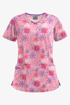 Butter-Soft Frozen Night Blush Women's 3-Pocket Criss Cross Print Scrub Top
