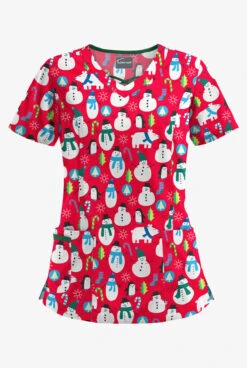 Butter-Soft North Pole Party Red Women's 3-Pocket Criss Cross Printed Scrub Top
