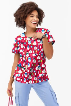 Butter-Soft North Pole Party Red Women's 3-Pocket Criss Cross Printed Scrub Top -Cherokee Shop H626NPRD 101323 3 S HV