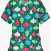 Butter-Soft Festive Ornaments Hunter Women's 2-Pocket Relaxed Fit V-Neck Print Scrub Top