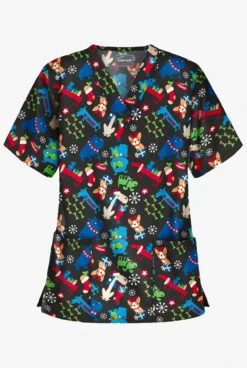 Butter-Soft Happy Dogs Women's 2-Pocket Relaxed Fit V-Neck Print Scrub Top