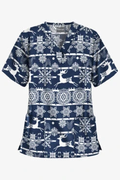 Butter-Soft Nordic Winter Navy Women's 2-Pocket Relaxed Fit V-Neck Print Scrub Top