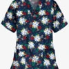 Butter-Soft Winter Floral Navy Women's 2-Pocket Relaxed Fit V-Neck Print Scrub Top