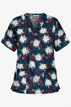 Butter-Soft Winter Floral Navy Women's 2-Pocket Relaxed Fit V-Neck Print Scrub Top