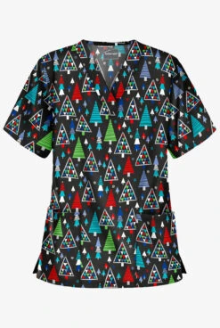 Butter-Soft X-Mas Park Women's 2-Pocket Relaxed Fit V-Neck Print Scrub Top