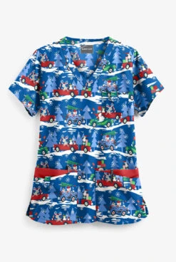 Butter-Soft Traveling With Santa Royal Women's 5-Pocket Rounded V-Neck Print Scrub Top