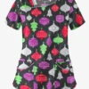 Butter-Soft Festive Ornaments Women's 4-Pocket Asymmetrical Neck Print Scrub Top