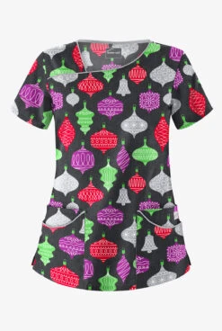 Butter-Soft Festive Ornaments Women's 4-Pocket Asymmetrical Neck Print Scrub Top
