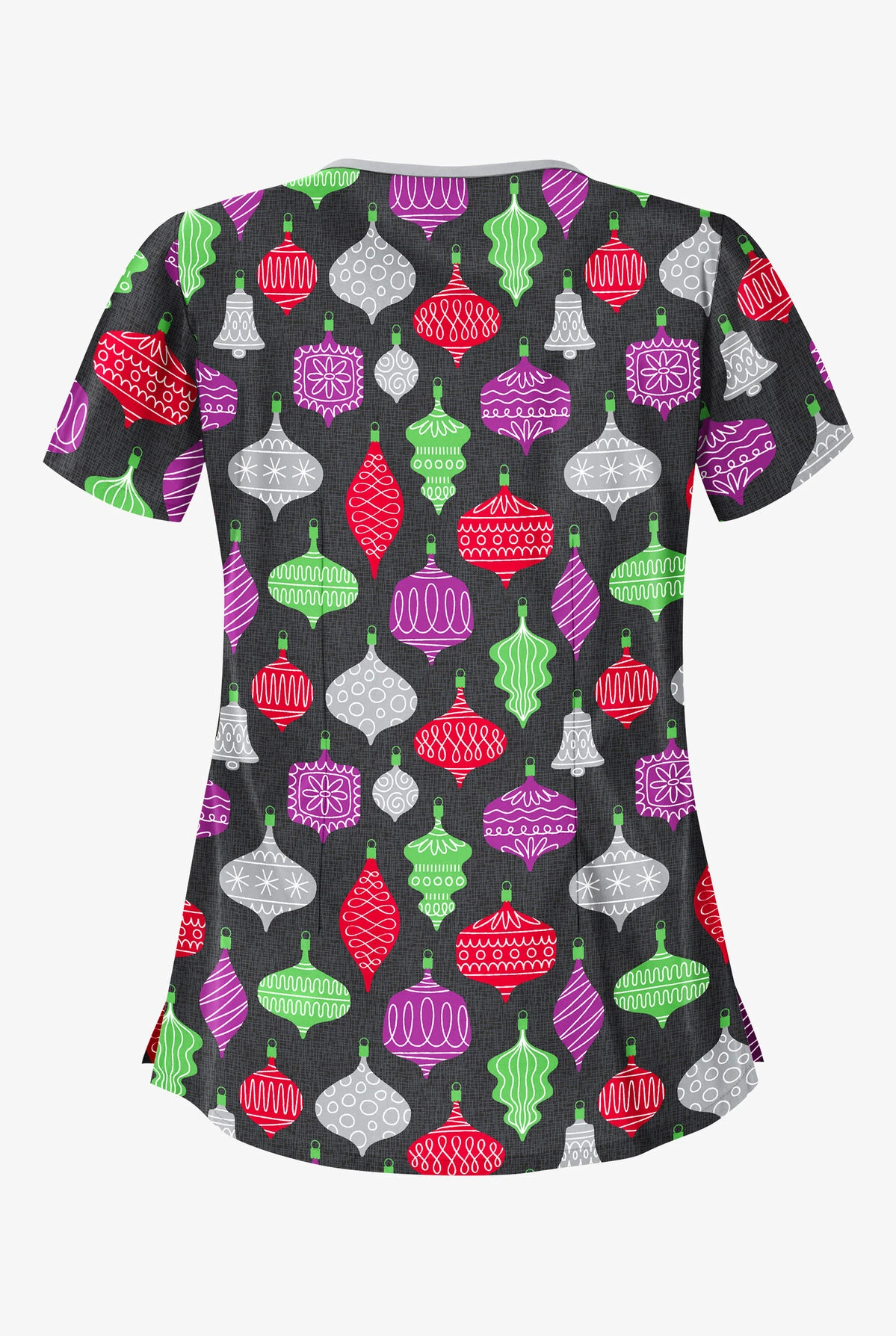 Butter-Soft Festive Ornaments Women's 4-Pocket Asymmetrical Neck Print Scrub Top 2 Butter-Soft Festive Ornaments Women's 4-Pocket Asymmetrical Neck Print Scrub Top - Image 2