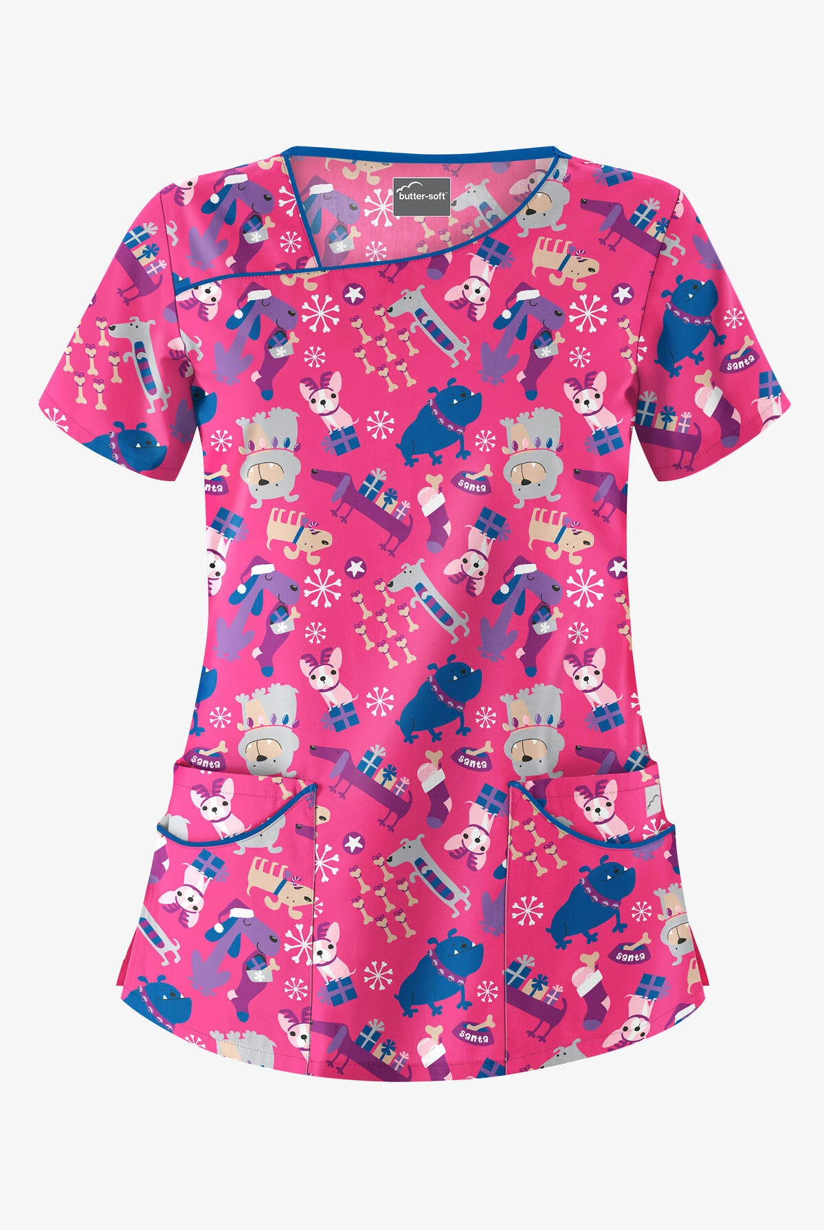 Butter-Soft Happy Holiday Dogs Fuchsia Women's 4-Pocket Asymmetrical Neck Print Scrub Top 1 Butter-Soft Happy Holiday Dogs Fuchsia Women's 4-Pocket Asymmetrical Neck Print Scrub Top