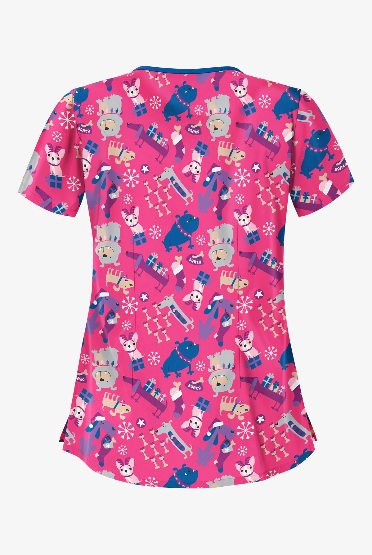 Butter-Soft Happy Holiday Dogs Fuchsia Women's 4-Pocket Asymmetrical Neck Print Scrub Top 2 Butter-Soft Happy Holiday Dogs Fuchsia Women's 4-Pocket Asymmetrical Neck Print Scrub Top - Image 2