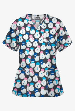 Butter-Soft Snowman Party Pewter Women's 2-Pocket Mock Wrap Print Scrub Top